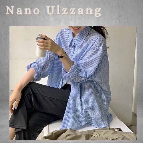 Áo sơ mi nữ dài tay kẻ caro nhỏ / Sơ mi dáng suông cổ bẻ cúc cài hai màu hồng xanh trẻ trung,năng động_nanoulzzang