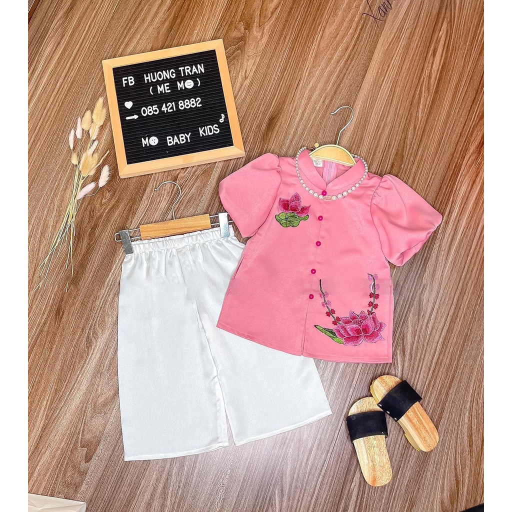 Bộ bà ba sen hồng, bộ đi chùa cho bé gái 9-28kg