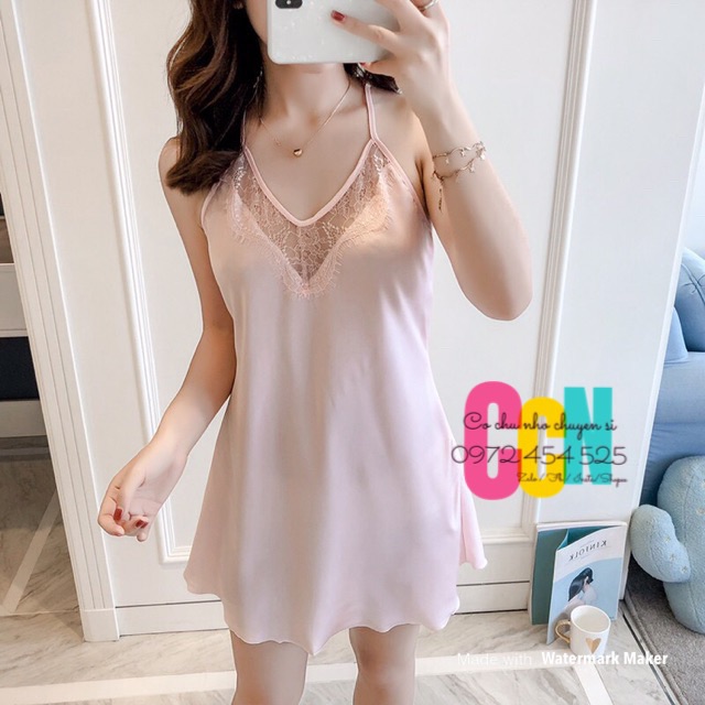 SHIP NHANH 2h [LL190]Váy ngủ lụa satin Quảng Châu - Đầm ngủ sexy phi lụa phối ren - Cô chủ nhỏ chuyên sỉ