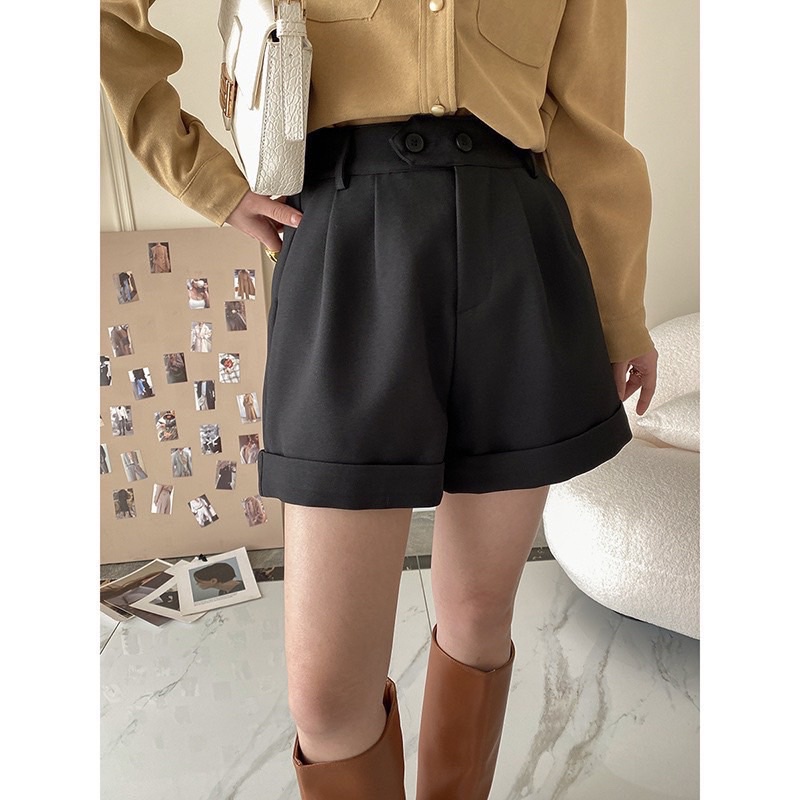 [Ảnh thật/Video]Quần sooc vải hai cúc ngang chun sau thiết kế gập gấu Hàn Quốc