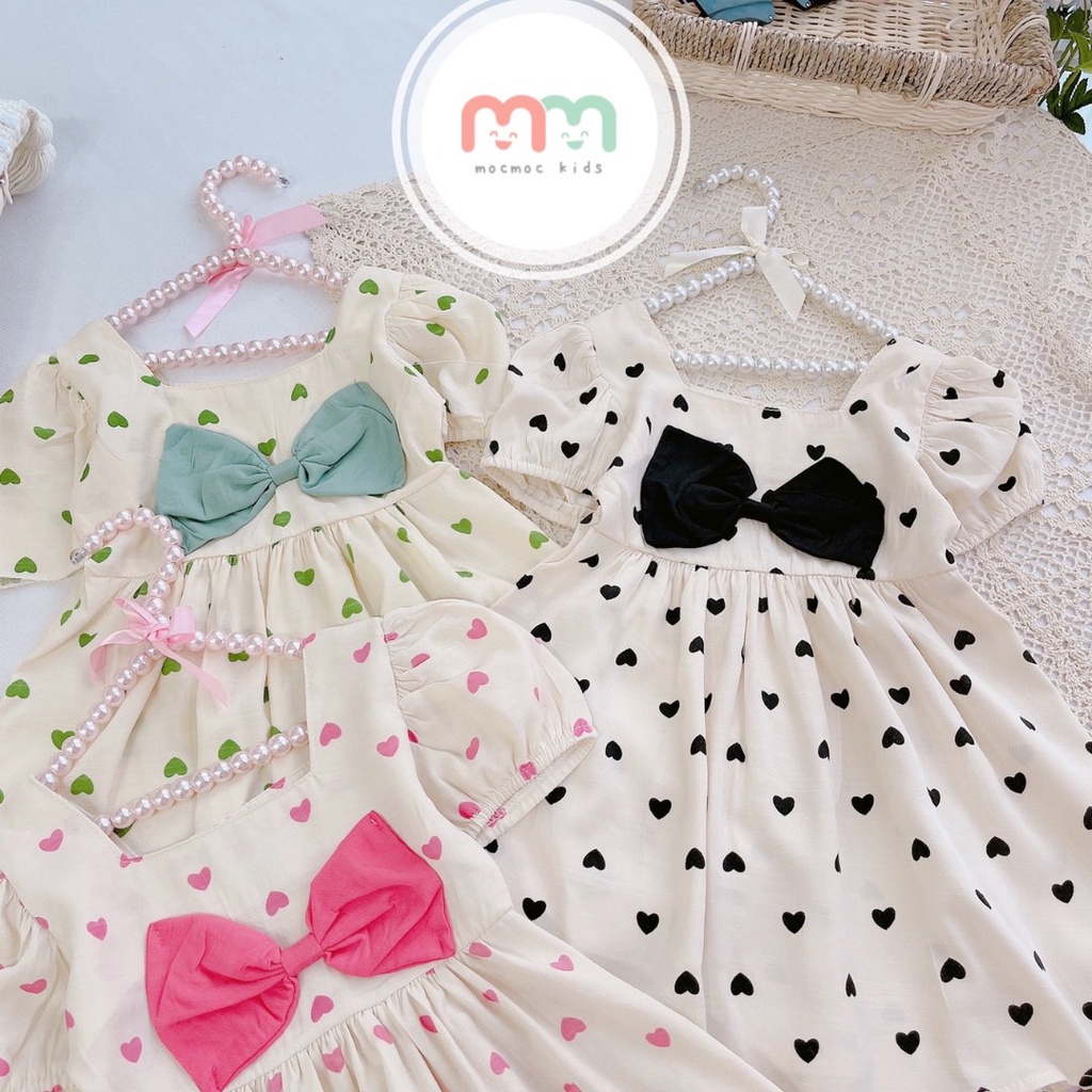 Đầm bé gái dễ thương, đầm babydoll bé gái thiết kế tay phồng nơ cổ chất lụa cao cấp mềm mịn mát cho bé 11kg đến 28kg