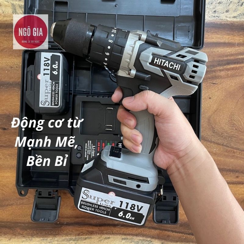 Khoan pin Hitachi 118v đầu 13mm không chổi than, khoan tường mạnh mẽ