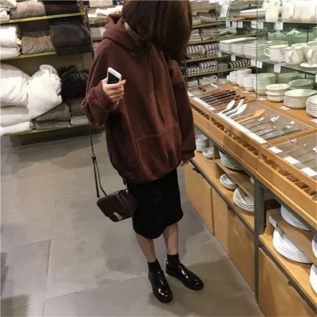 Hoodie trơn nâu socola tay dài hình thật