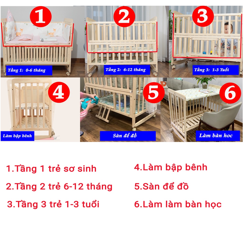 Cũi Cho Bé S218 Hatato BH-2năm cho trẻ từ 0-4 tuổi làm bằng gỗ thông có 6 chức năng bao gồm nôi em bé và quây cũi cho bé