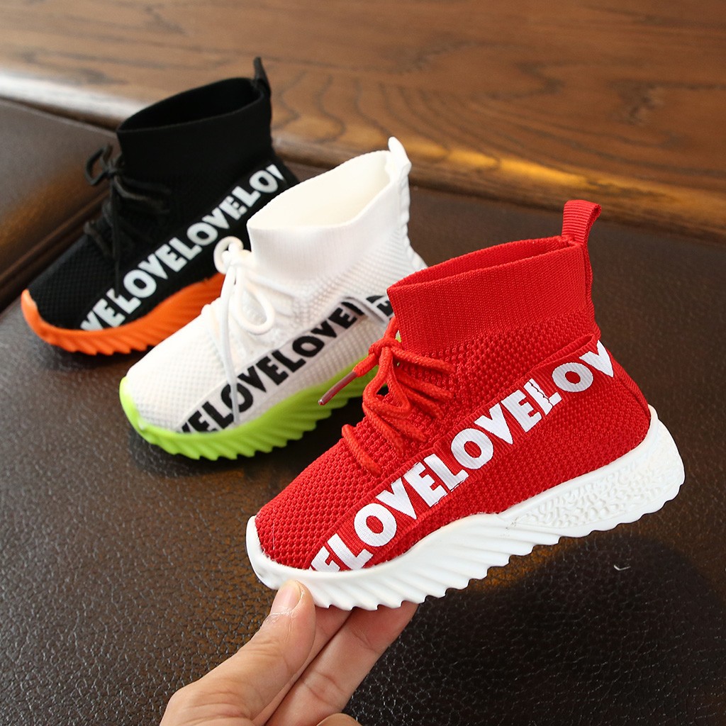 Children Kids Baby Girls Boys Letter Stretch Run Sneakers Sport Shoes Boots