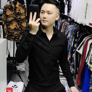 Áo sơ mi nam dài tay cổ bẻ, áo sơ mi màu đen chất vải lụa, không nhăn không xù ENNY 16