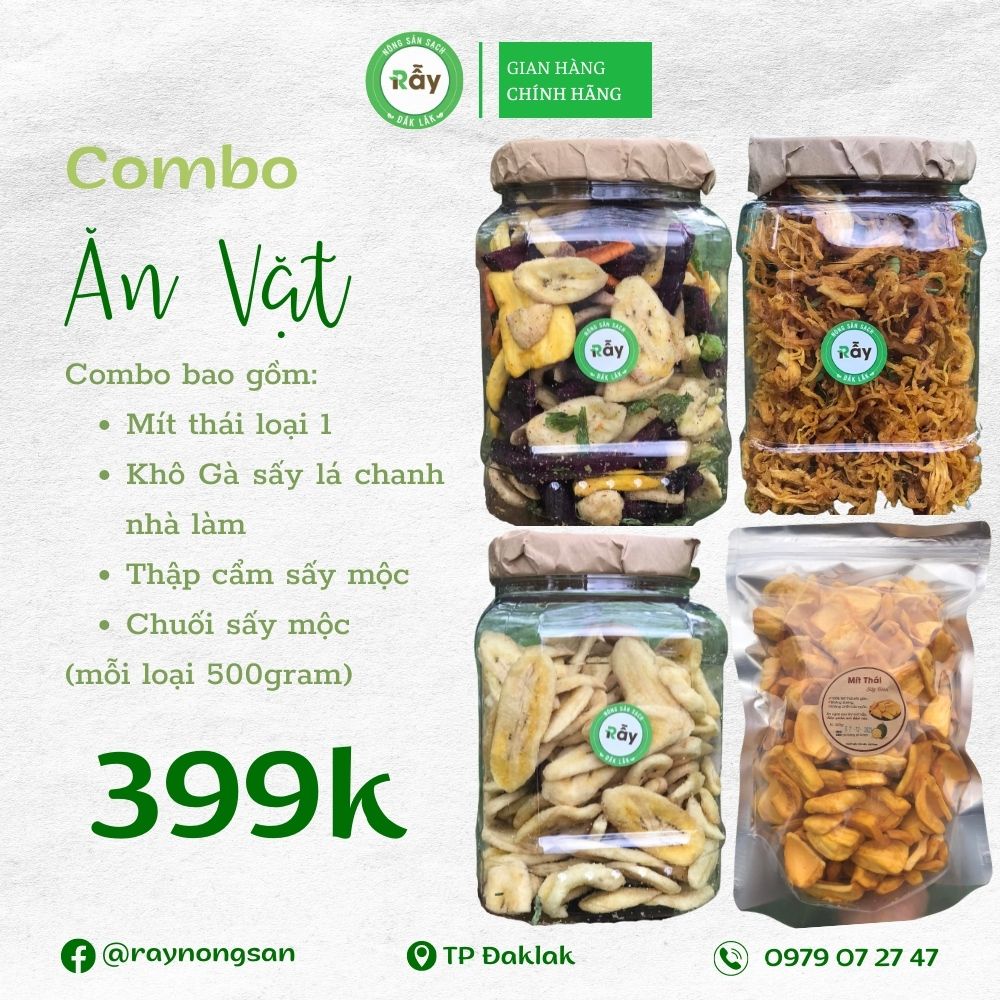Mít thái loại 1 + Khô Gà sấy lá chanh nhà làm + Thập cẩm sấy mộc + Chuối sấy mộc (mỗi loại 500gram)