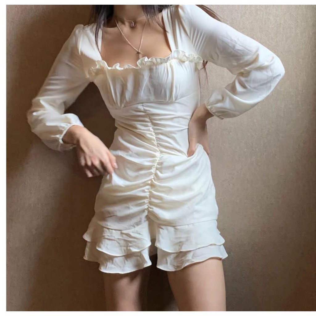 Váy ulzzang nữ dáng xòe đuôi cá ôm body, Đầm trắng ulzzang dài tay dự tiệc - Roxie