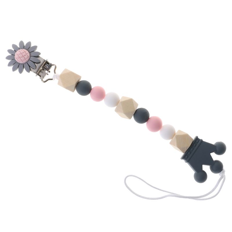 Dây Đeo Núm Ti Giả Bằng Silicon Cấp Thực Phẩm Gắn Hạt Gỗ / Hạt Gỗ / Hoa / Vương Miện Hoạt Hình Dễ Thương Cho Bé Sơ Sinh