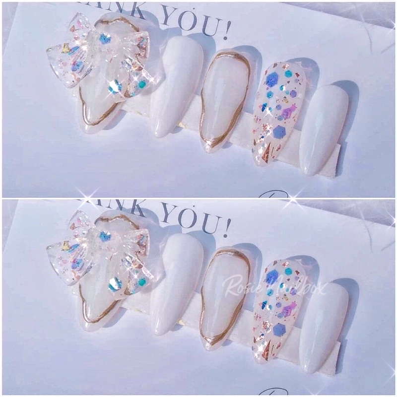 Móng úp màu trắng phối nhũ siêu xinh chụp kỉ yếu sang xịn kèm keo và dũa