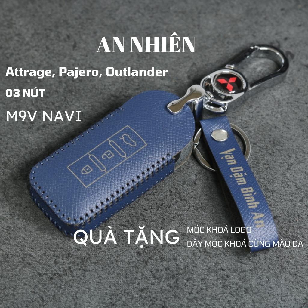 Bao da móc khoá bọc ốp chìa khóa xe ô tô Mitsubishi Attrage, Outlander, Pajero, da bò, nhiều màu, khâu thủ công Mitsu2