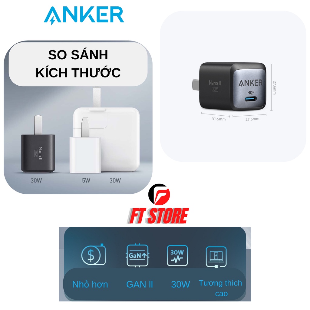 Củ Sạc Nhanh Anker A2146 30W Nano GaN II,hỗ trợ PD/PPS/QC kích thước nhỏ gọn BH12T