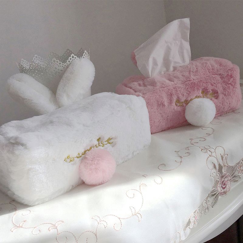 Car Home Living Room Tissue Box Decor Soft Cute Pink Rabbit Plush Tissue Box Cover Cartoon Rabbit Ears Fur Ball