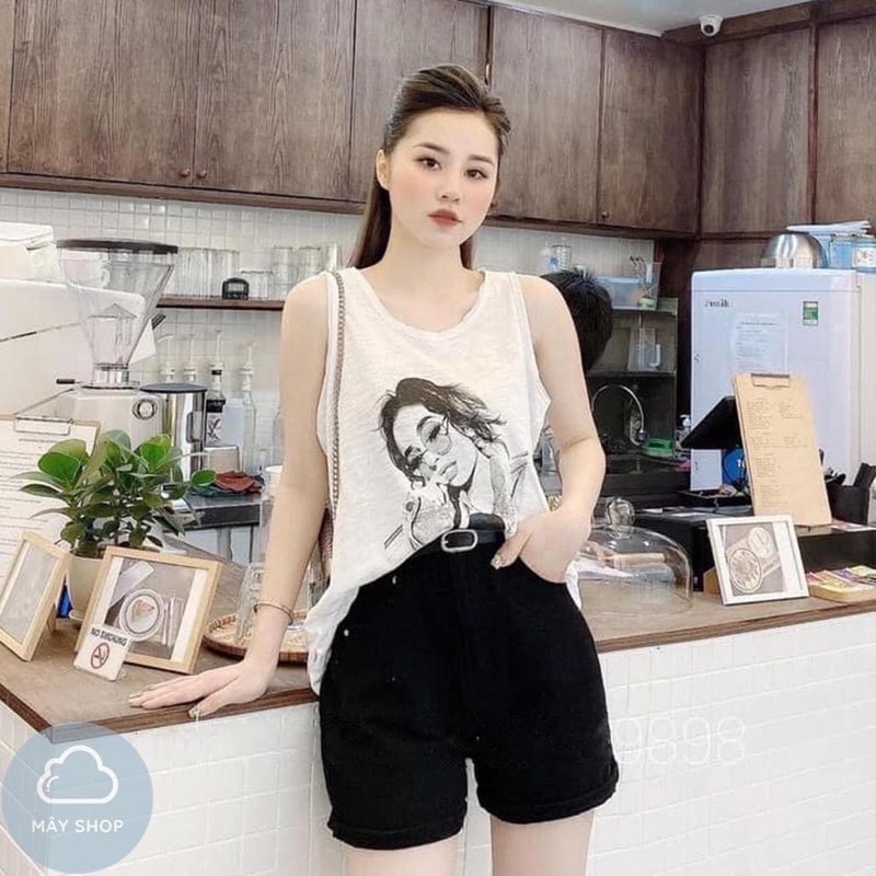 Áo thun giấy sát nách form rộng in hình cô gái tóc bay siêu xinh