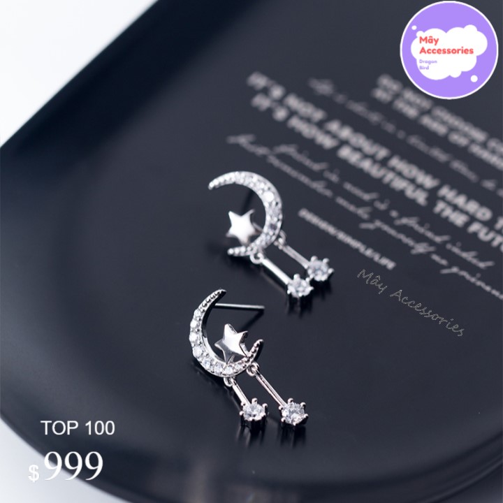 Khuyên sát trái tai bạc 925 cao cấp hình ngôi sao, mặt trăng đính đá zircon Mây Accessories