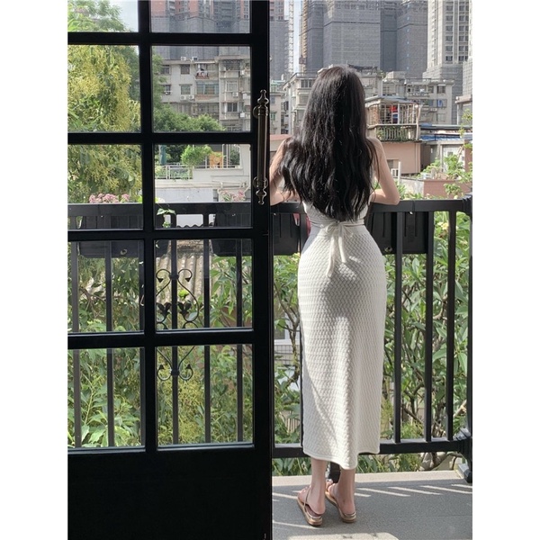 Set áo ba lỗ croptop buộc dây eo và chân váy dài len sexy ullzang