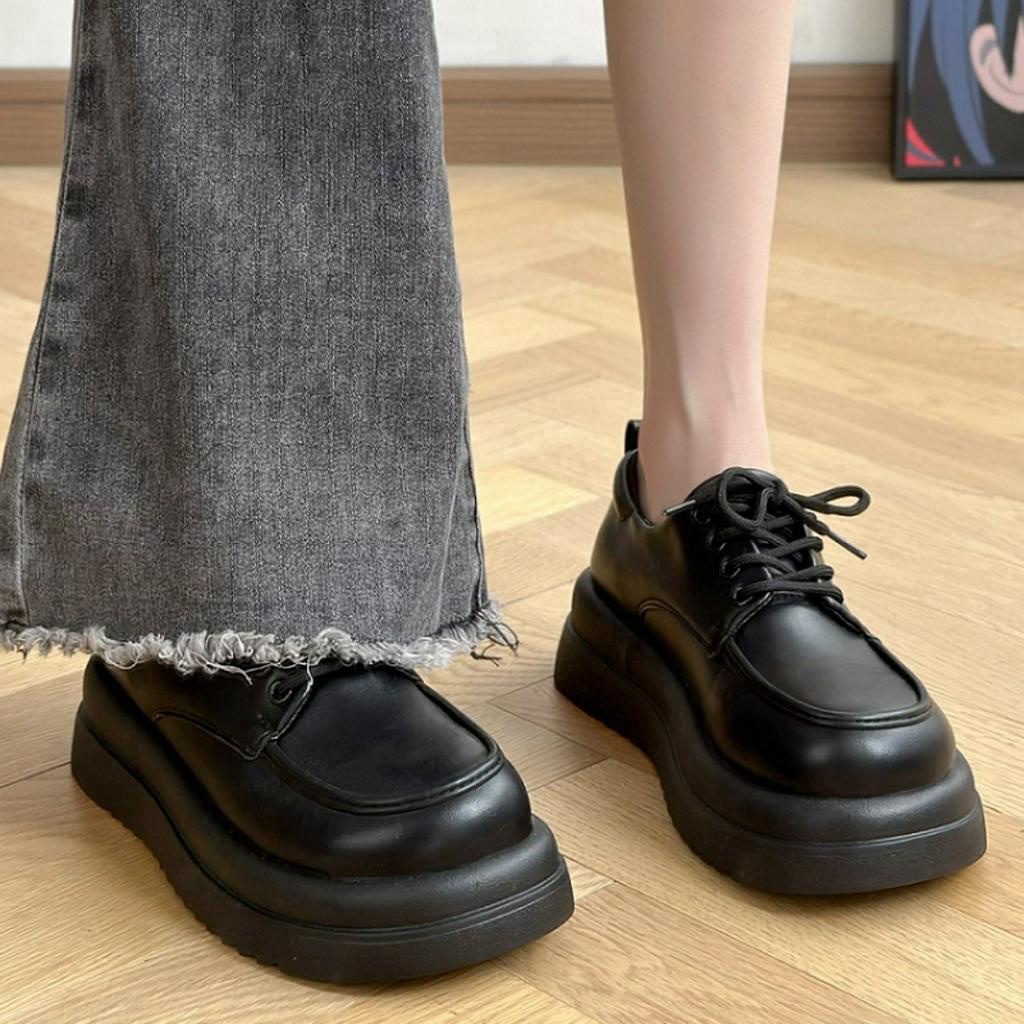 Giày oxford nữ ENNINO đế cao 5p TRƠN lolita buộc dây phong cách Hàn quốc màu đen/kem hot đẹp mới_ GIÀY UMI