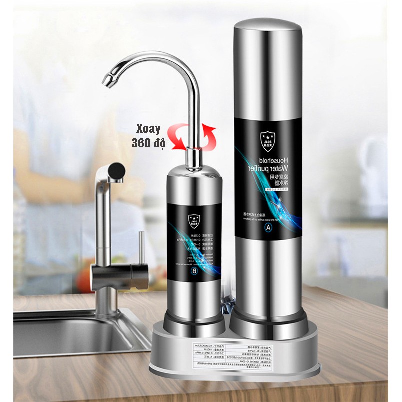 Máy Lọc Nước Inox Tại Vòi Water Purifier 2 Lõi Sứ Than Hoạt Tính Không Dùng Điện Không Nước Thải - Bộ Lọc Nước Sạch HB88