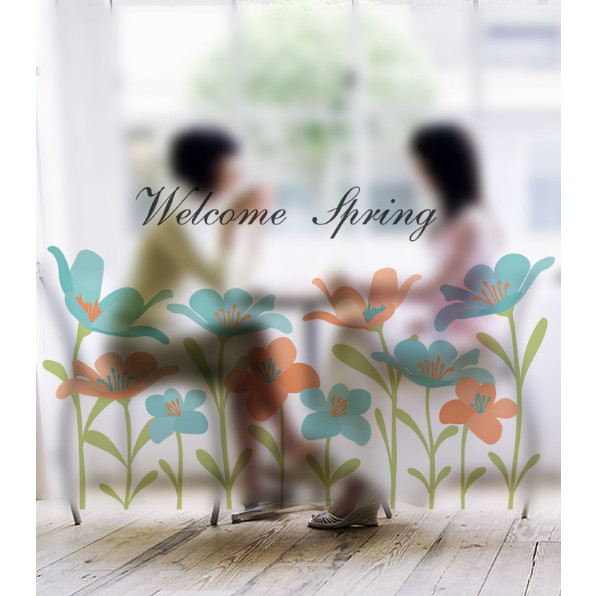 Decal trang trí kính cao cấp mẫu hoa xanh cam ( 60cm x 58cm )