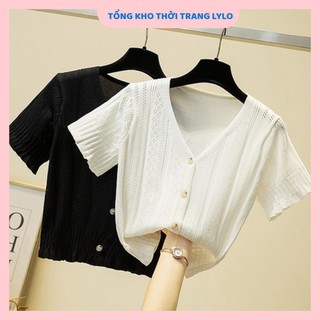 Áo len nữ croptop cổ tim cộc tay cúc cài