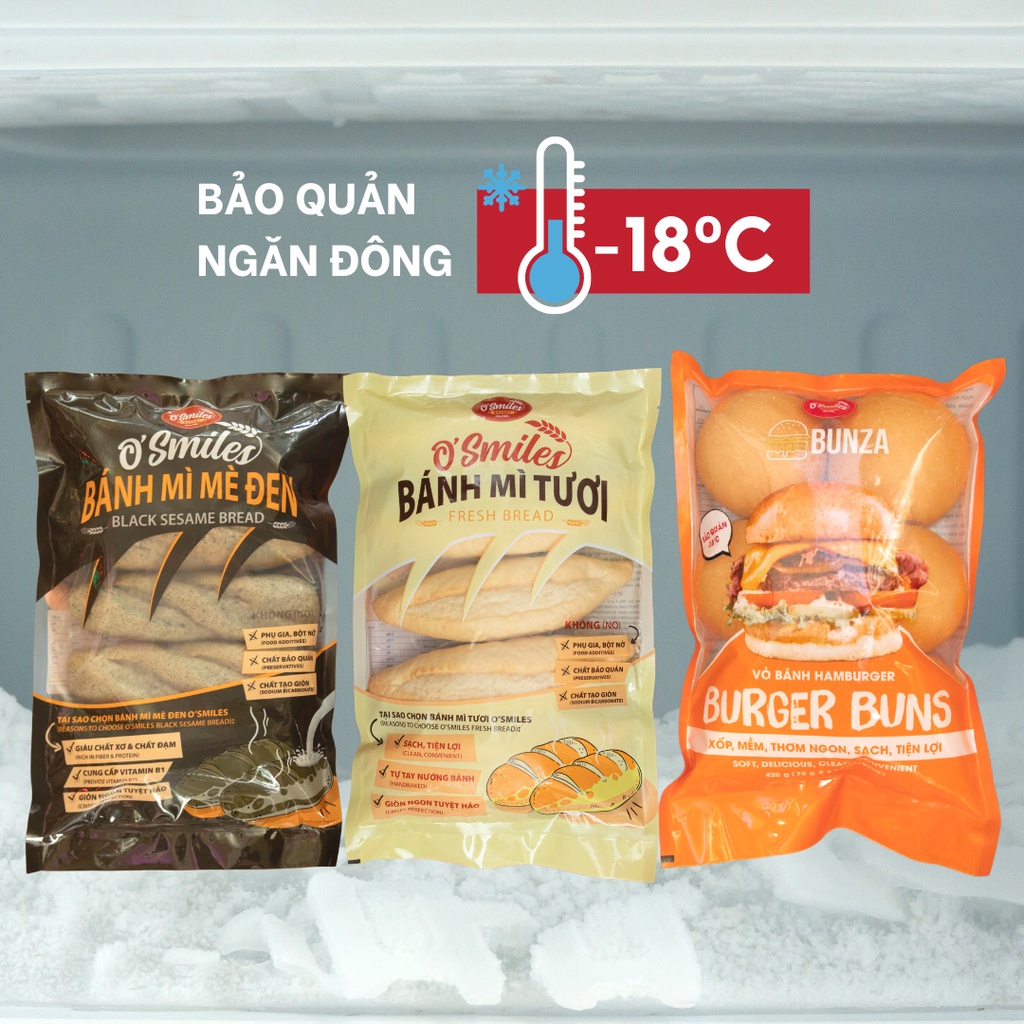 [COMBO HCM] 3 Loại Bánh Tươi Đông Lạnh O'Smiles - Bánh Mì Tươi, Vỏ Bánh Hamburger Bunza, Bánh Mì Mè Đen