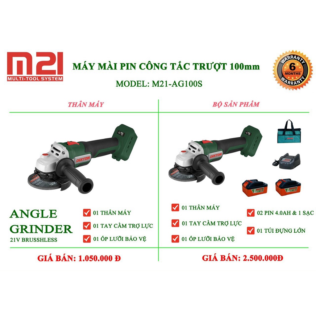 Máy mài dùng pin không than M21 Dekton AG100S