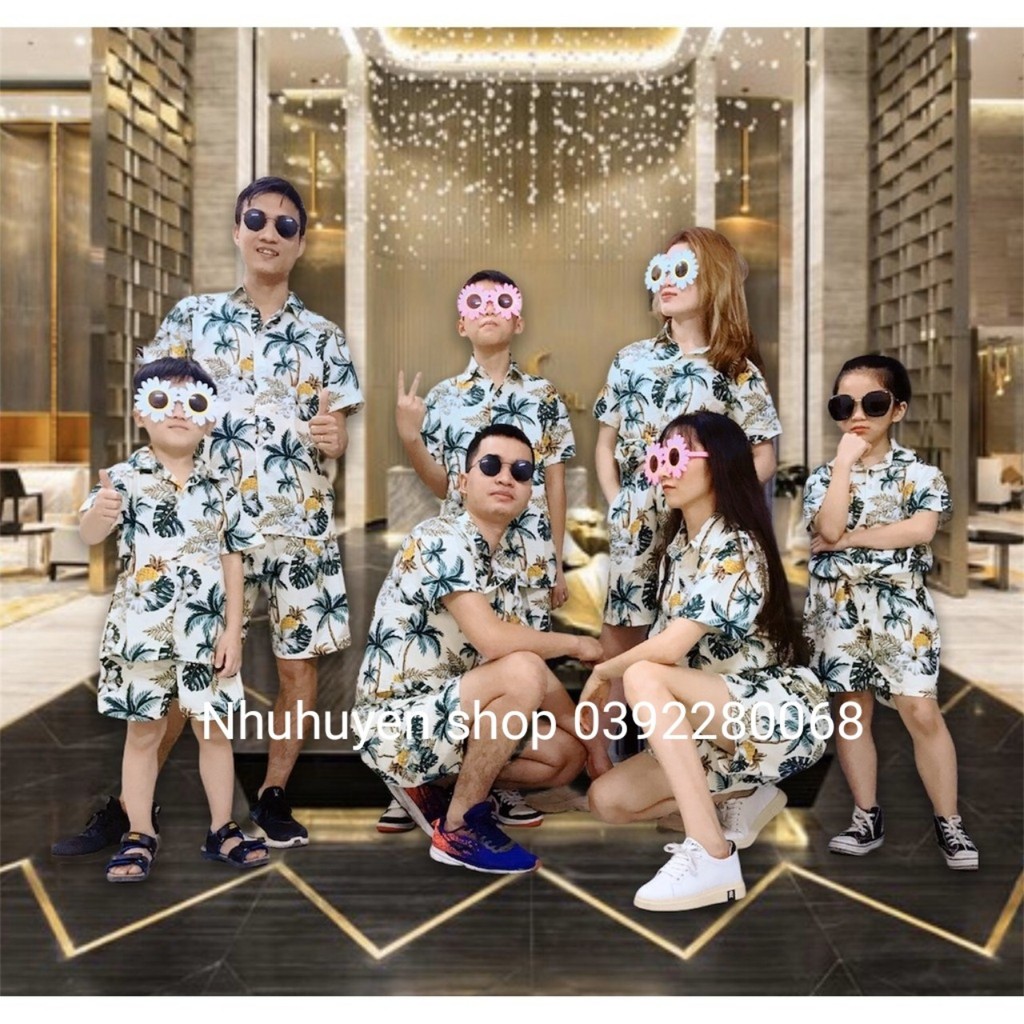 HÀNG CAO CẤP - sét bộ đi biển trái cây, mẫu HOA SỨ NỀN KEM  có nón vành cho nam nữ, gia đình hình chụp thật từ 7-120kg