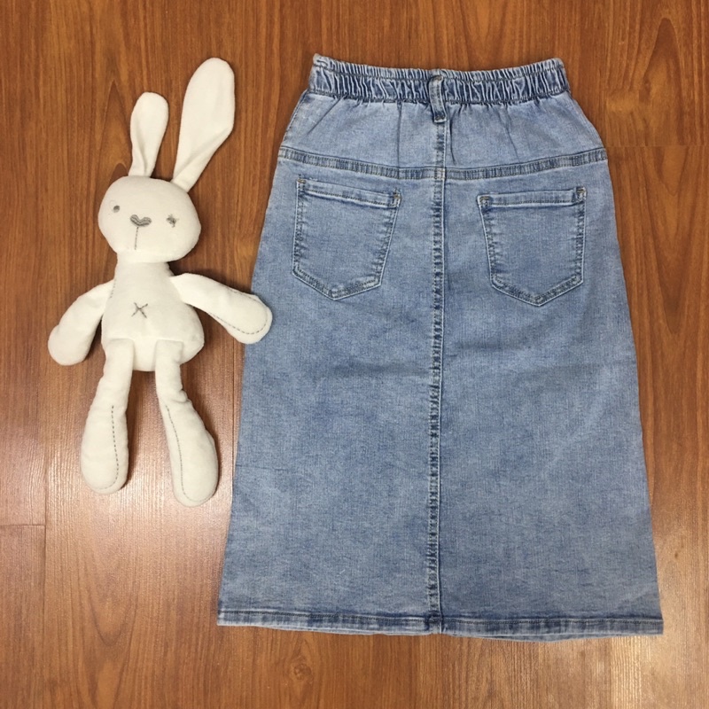 Chân váy jean chữ A dáng dài lưng thun co giãn