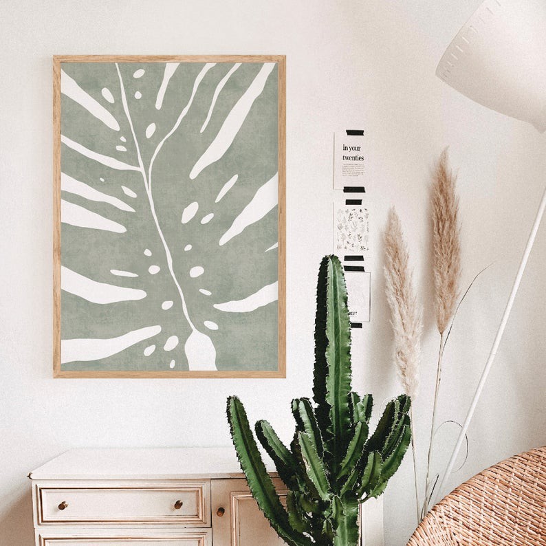 Tranh treo tường | Tranh trừu tượng - Abstract leaf print, sage green monstera leaf poster, Watercolor illustration