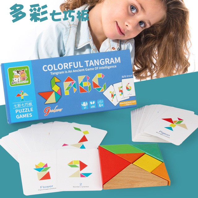 Đồ chơi giáo dục, Ghép Hình Tangram rèn kỹ năng Tư Duy logic cho bé ( 50 thẻ in hai mặt với 100 bài toán +7 miếng ghép)