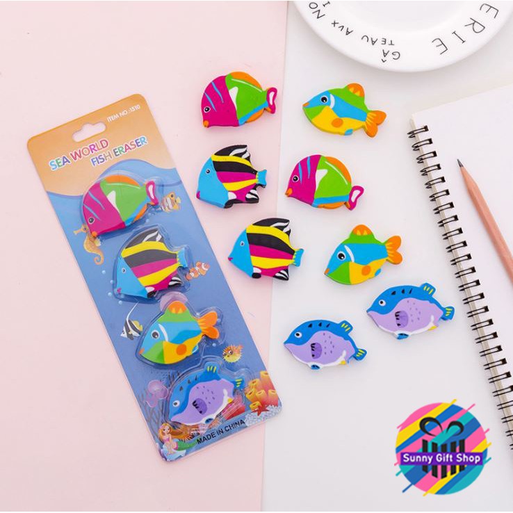 Set Combo Bộ 4 Cục Gôm/Tẩy hình Con Cá nhiều màu sắc bắt mắt cho học sinh-sinh viên