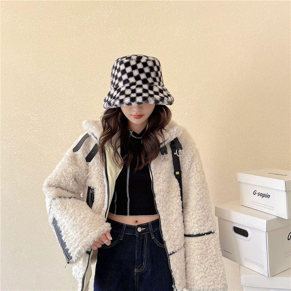 NICKOLAS Mũ Bucket Len Kẻ Sọc Caro Thời Trang Thu Đông Cho Nữ