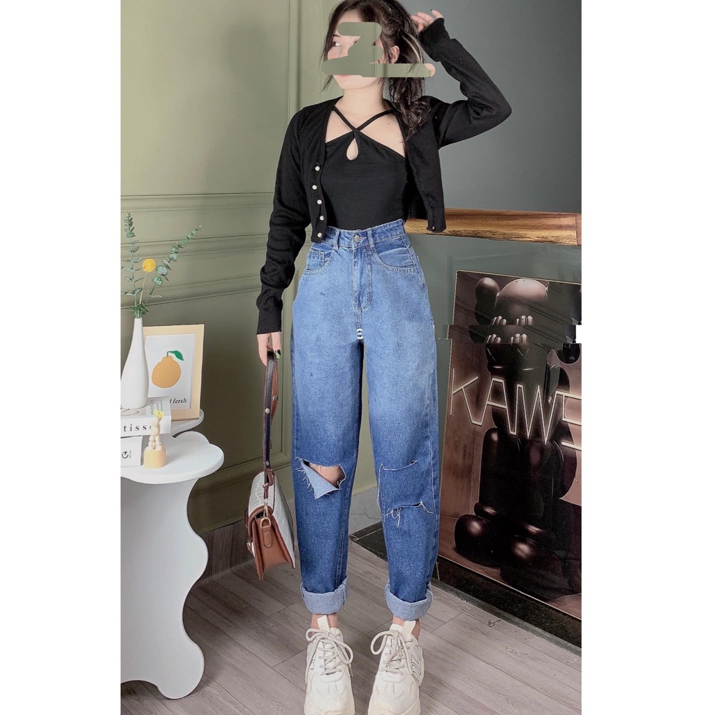 QUẦN BAGGY JEANS NỮ LƯNG CAO LOANG MÀU XANH ĐẬM RÁCH VẠT PHẢI 2 SỌC TRÁI DÀY DẶN MỀM MỊN PHONG CÁCH NITIQC SIÊU NGẦU