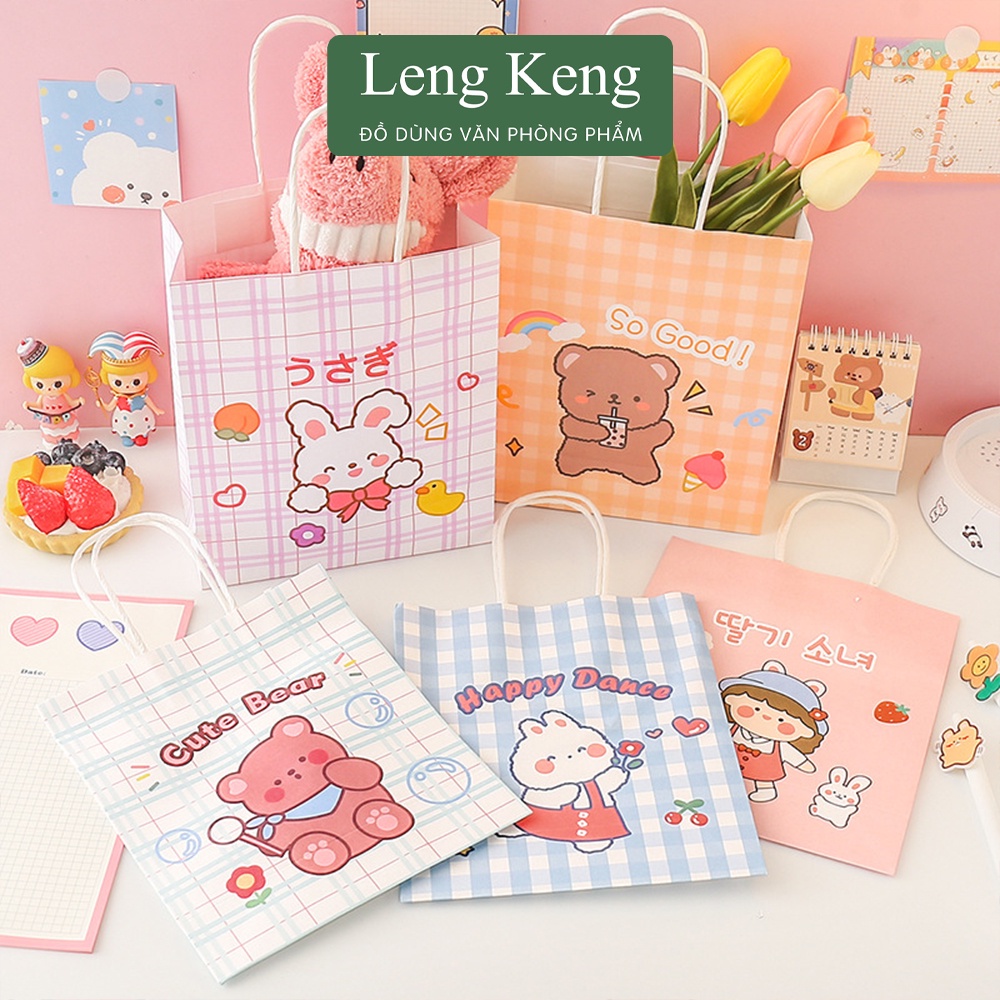 Túi mini kraft giấy quai xách văn phòng phẩm Leng Keng đựng quà tặng