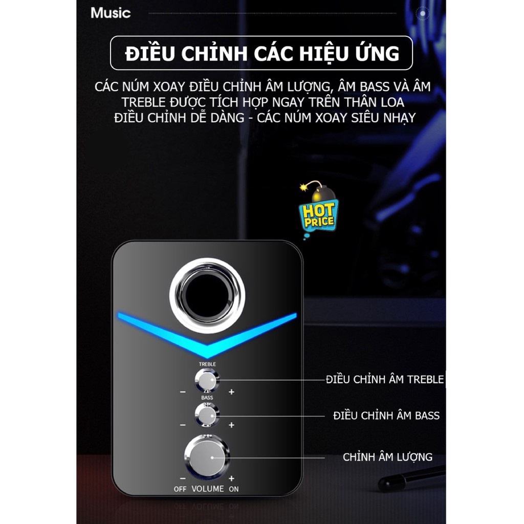 Loa máy tính D221 SUPER BASS, để bàn nhỏ gọn, có đèn led, hỗ trợ bluetooth, bảo hành 1 đổi 1