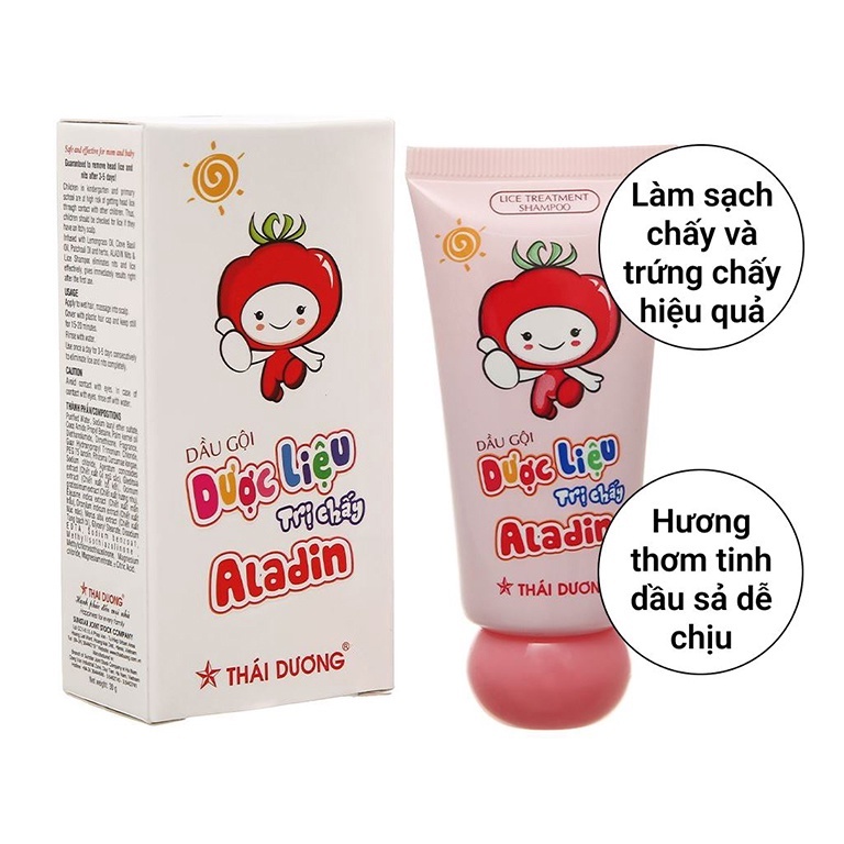 Dầu gội dược liệu Aladin (Sao Thái Dương) giúp ngăn ngừa và loại bỏ sạch chấy (chí) và trứng chấy, an toàn cho mẹ và bé