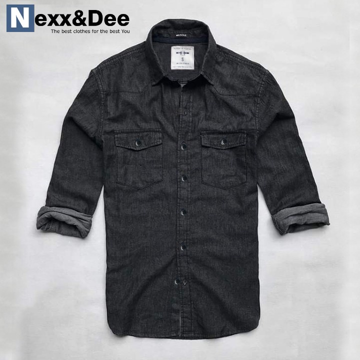 Áo sơ mi nam denim Nexx &amp; Dee tay dài vải jean mềm hai túi công sở trung niên ND03