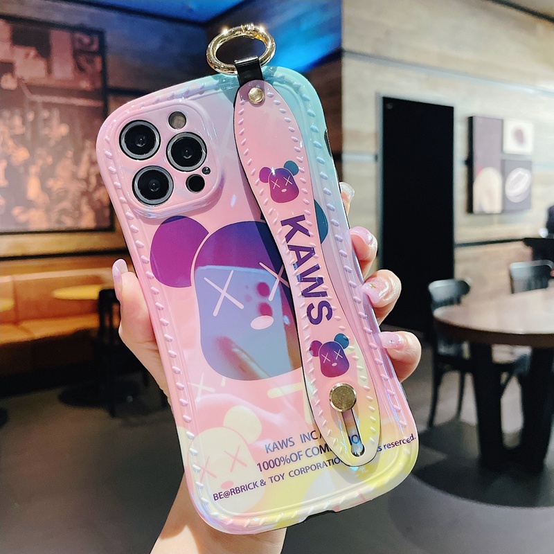 Ốp Điện Thoại Mềm Chống Sốc Màu Laser Hình Gấu Có Dây Đeo Cho iPhone 13 12 11 Pro Max XS XR X 8 + 7 Plus