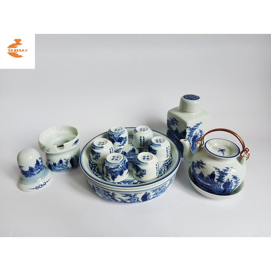 Bộ ấm chén giả cổ men lam cảnh trúc lâm thất hiền