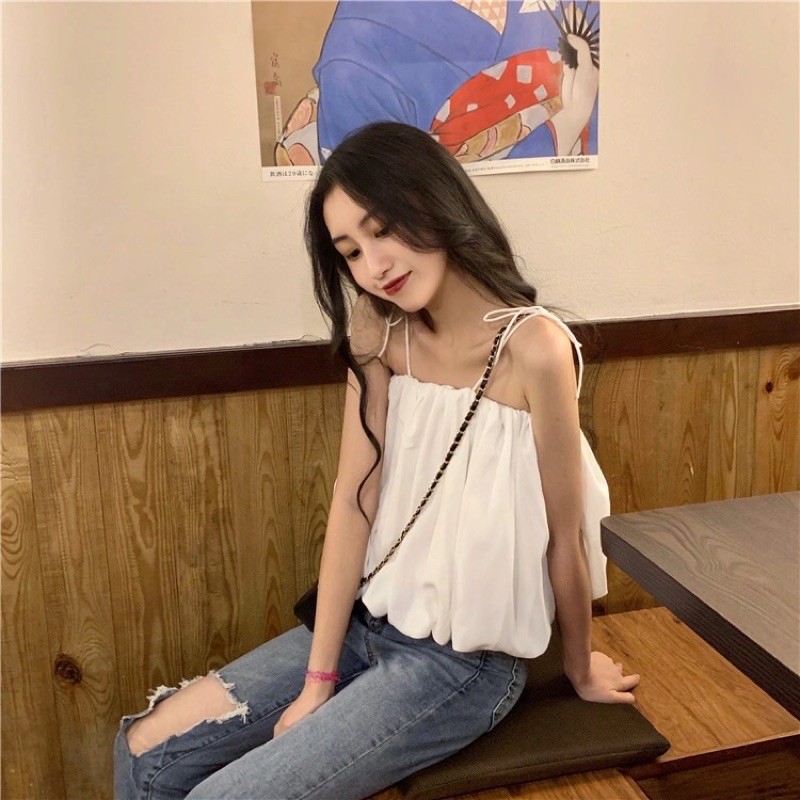 Áo sơ mi voan mùa hè mới kiểu dáng Hàn Quốc quây lưng cổ ngắn ngang rốn áo thun nữ không tay