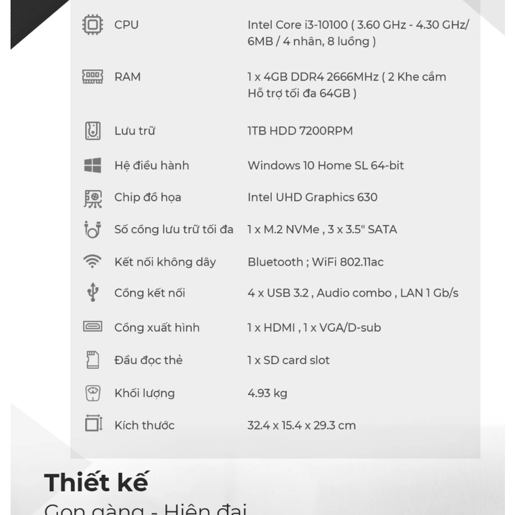 Máy tính để bàn Dell Vostro 3888 (Intel / i3-10100 / 4GB RAM / 1TB HDD / McAfeeMDS / Win 10 Home SL) l Black l 70226499 | BigBuy360 - bigbuy360.vn