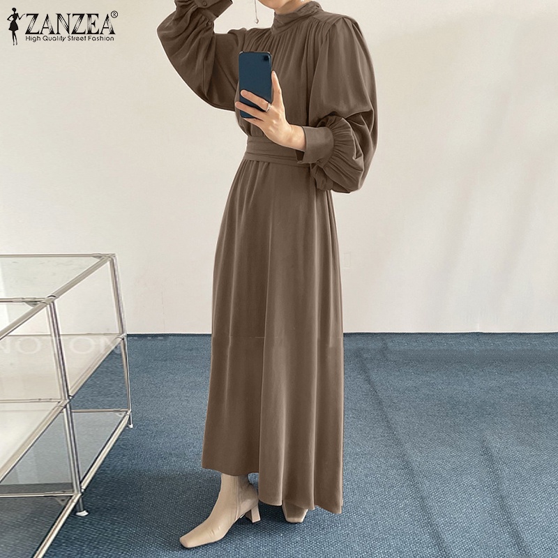 Đầm ZANZEA cổ cao tay phồng phối xếp ly thanh lịch cho phái nữ