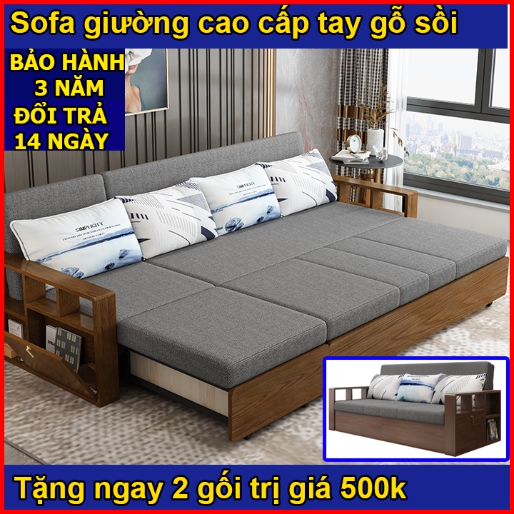 Sofa giường tay gỗ sồi, Giường sofa thông minh gấp xếp gọn thành ghế cho phòng khách phòng ngủ đẹp kt 130x190 160x190cm