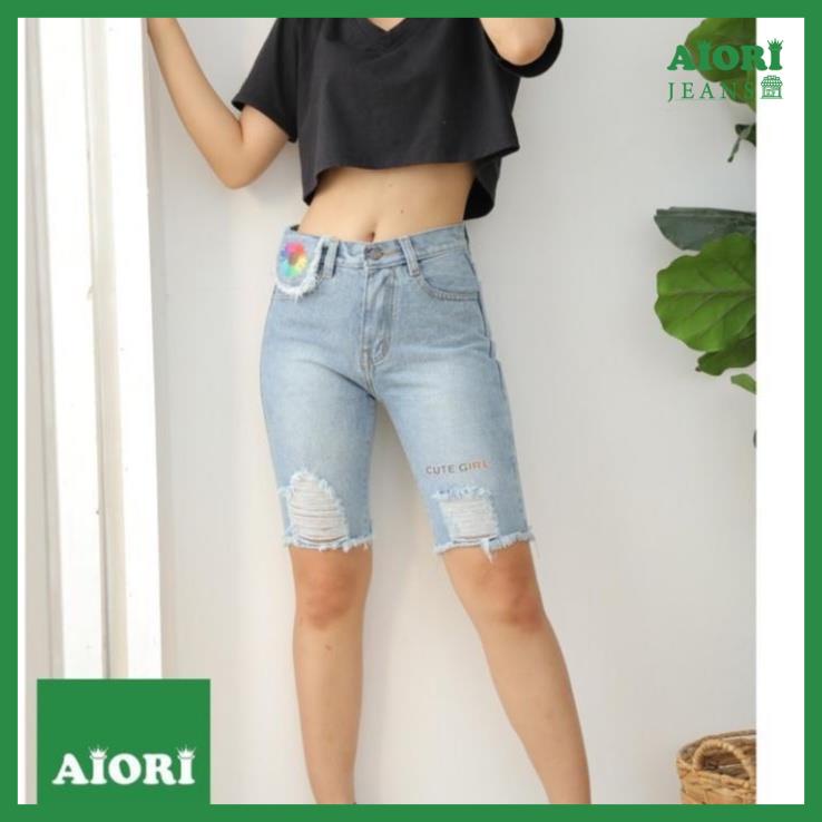 Quần Jean Nữ Aiori Quần Ngố Lửng Ống Ôm Lưng Cao Nắp Túi Vải Cực Xịn, Chất Jeans Cotton Thoáng Mát, Mềm Mịn