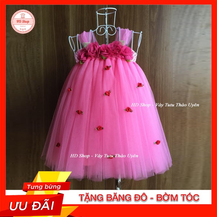 Váy cho bé ❤️FREESHIP❤️ Váy hồng đào hoa chiffon hoa hồng nhí