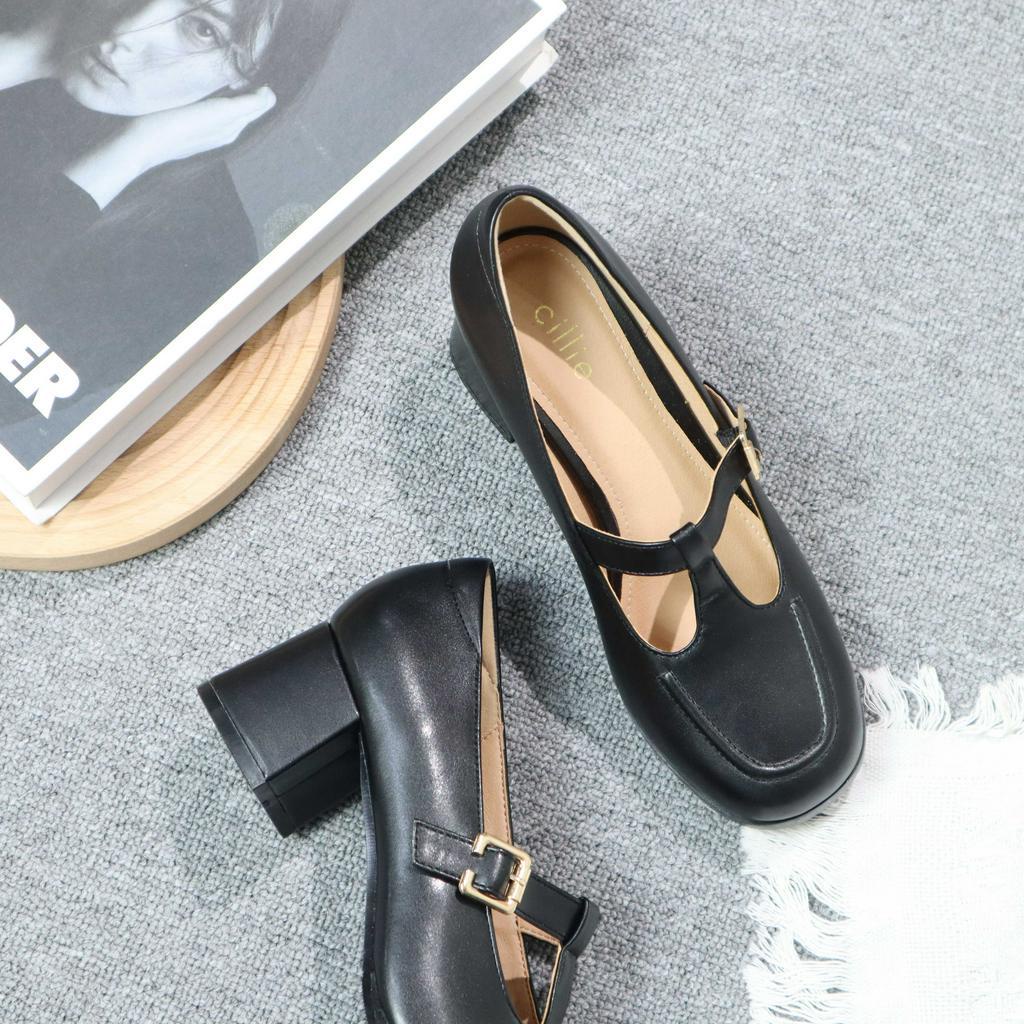Giày Búp Bê Cao Gót Cillie Nữ Mũi Tròn Gót Vuông Chắc Chắn 1090