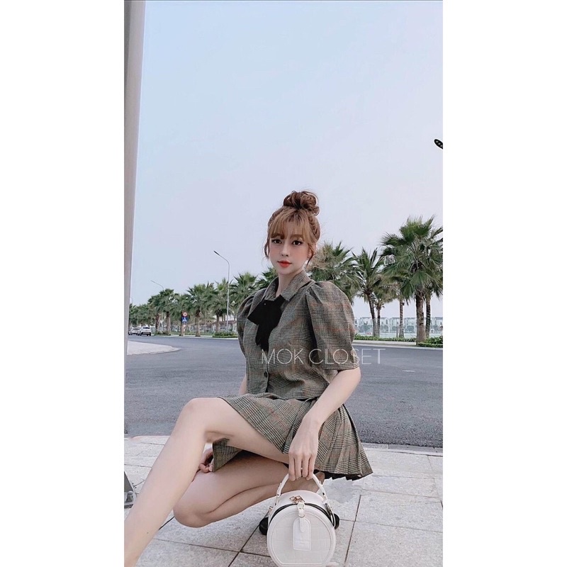 {Freeship} Set Vest Caro tag Nơ Chân váy dập ly (vest dạ kaki) | BigBuy360 - bigbuy360.vn