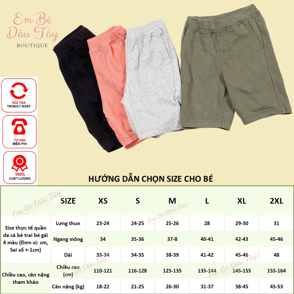 Quần short bé trai, bé gái, unisex, chất thun cotton da cá xuất dư, màu trơn, size đại 18-53kgs