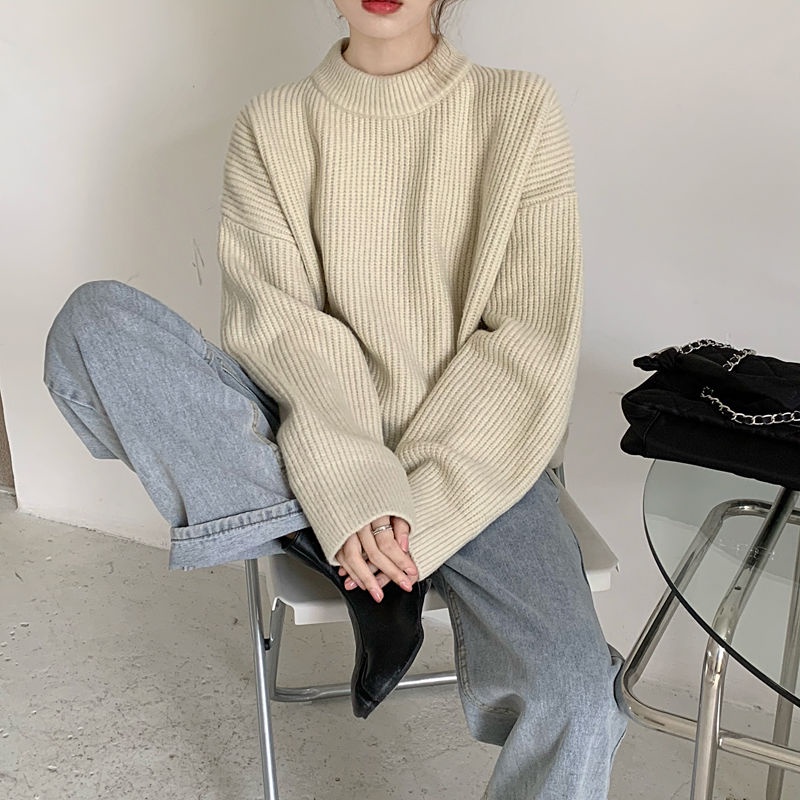 Áo sweater cổ tròn dáng rộng màu trơn mềm mại phong cách Hàn Quốc cho nữ