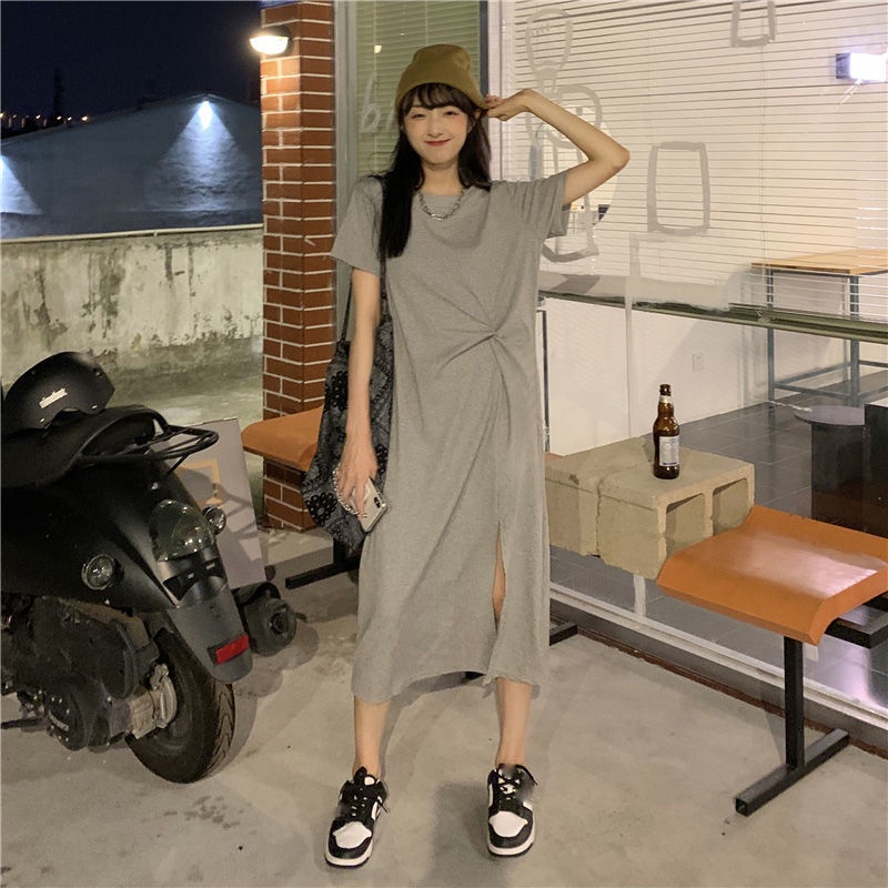 Đầm thun dài IELGY dáng rộng xẻ tà kiểu đơn giản thời trang cho nữ